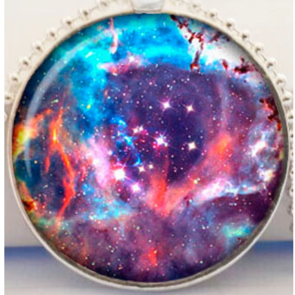 NEBULA IN SPACE PENDANT NECKLACE, HANDMADE, GLASS DOME ON METAL, 23 INCH SILVER-